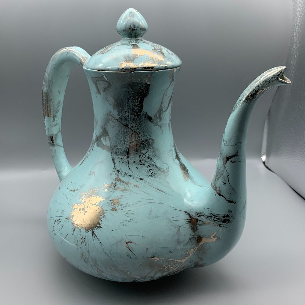 Vintage Sascha Brastoff Surf Ballet Turquoise and Silver Ceramic Teapot